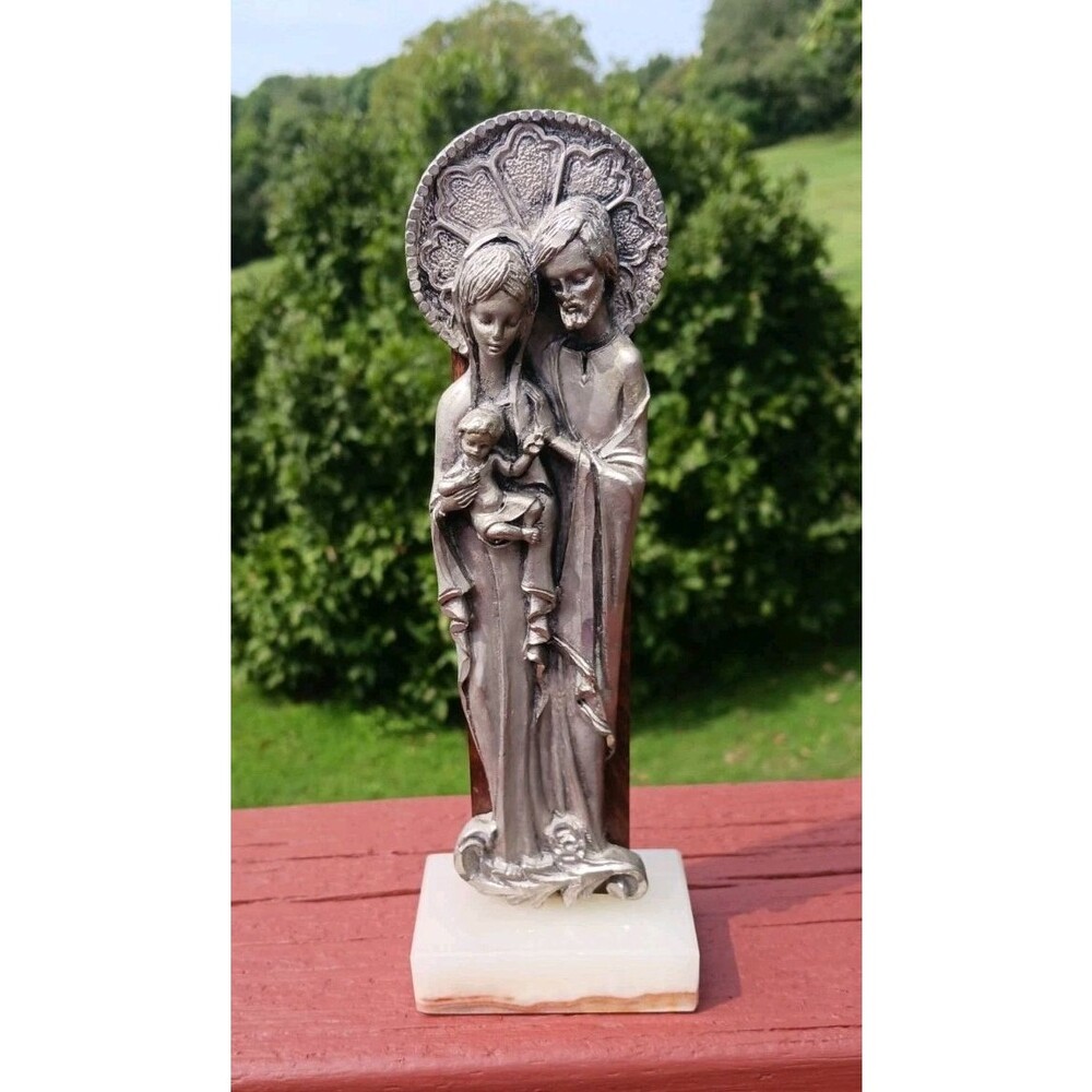 VTG Holy Family Religious Hand Carved Pewter Statue Figurine Marble Base Italy